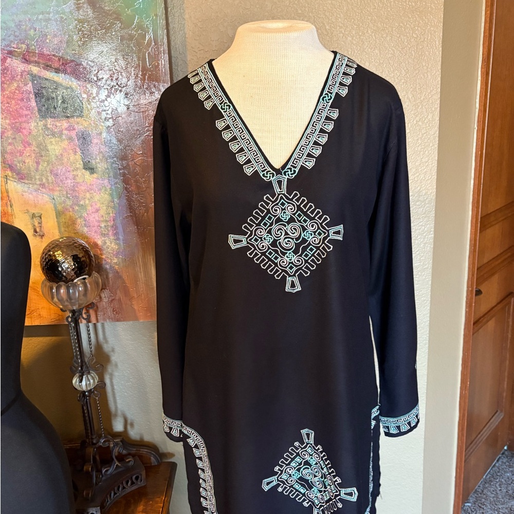 Rancho Estancia Black Tunic with Turquoise Embroidery